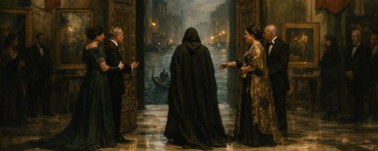Großer venezianischer Saal mit geöffneten Prunktüren zum nächtlichen Kanal: Eine dunkel verhüllte Gestalt wird von elegant gekleideten Gastgebern in feierlicher Atmosphäre wieder eingelassen, während weitere Gäste am Rand zusehen.