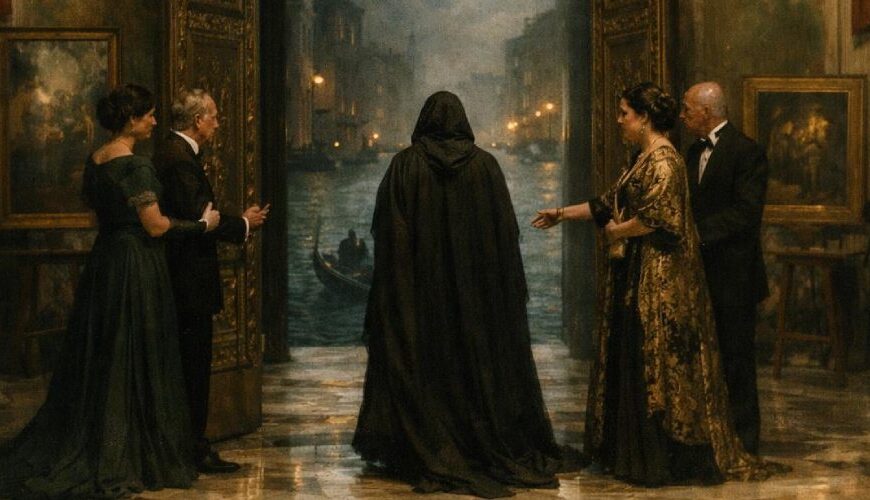 Großer venezianischer Saal mit geöffneten Prunktüren zum nächtlichen Kanal: Eine dunkel verhüllte Gestalt wird von elegant gekleideten Gastgebern in feierlicher Atmosphäre wieder eingelassen, während weitere Gäste am Rand zusehen.