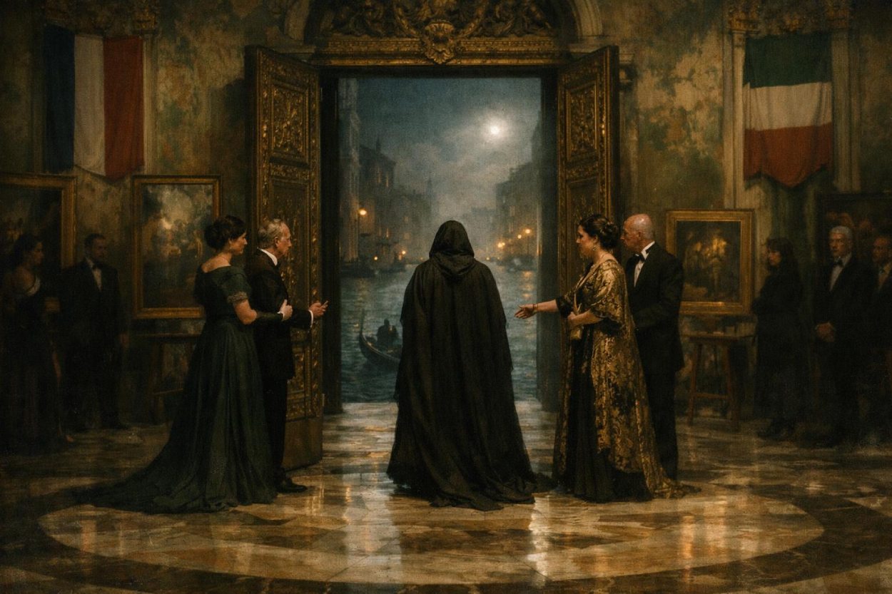 Großer venezianischer Saal mit geöffneten Prunktüren zum nächtlichen Kanal: Eine dunkel verhüllte Gestalt wird von elegant gekleideten Gastgebern in feierlicher Atmosphäre wieder eingelassen, während weitere Gäste am Rand zusehen.