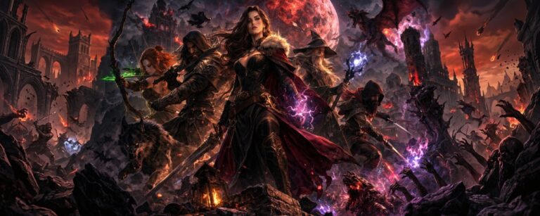 Eine Gruppe düsterer Jäger steht in einer zerfallenen Fantasy-Landschaft über einer schwarzen Leere und stellt sich auf den Kampf gegen monströse Kreaturen ein.