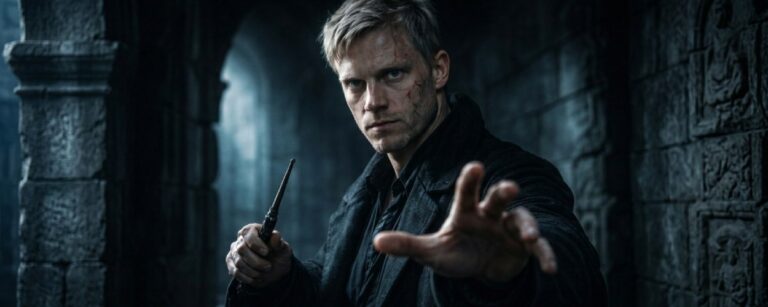 Ein blonder Mann mit konzentriertem Blick streckt die Hand aus, als würde er eine unsichtbare Kraft lenken – Symbolbild zum Voldemort-Casting-Gerücht.