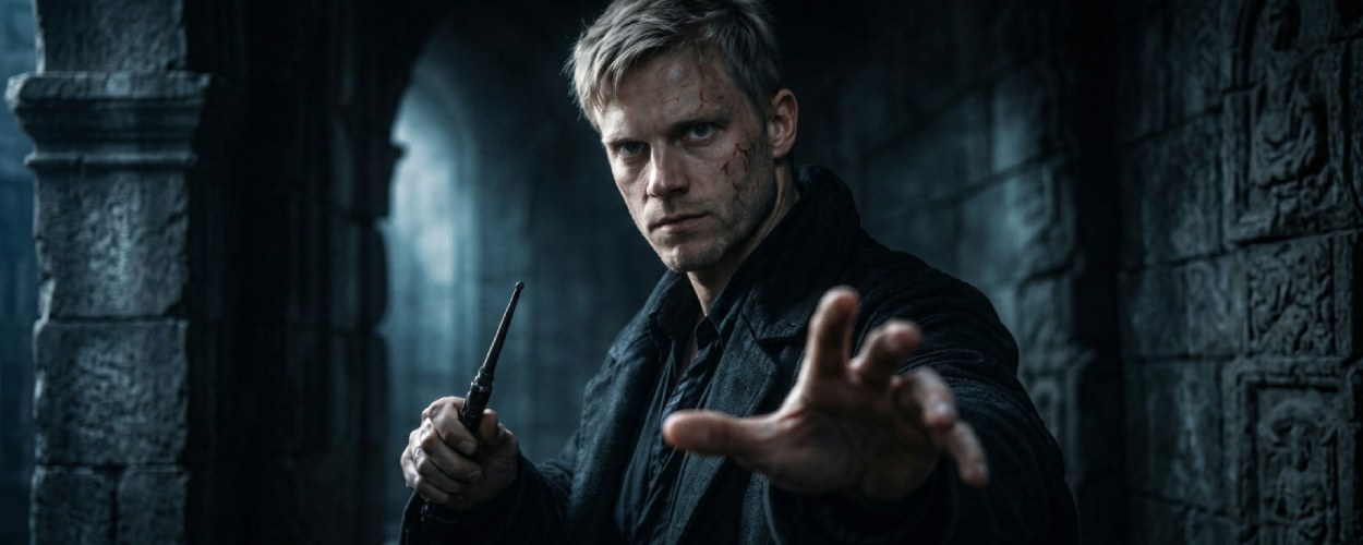 Ein blonder Mann mit konzentriertem Blick streckt die Hand aus, als würde er eine unsichtbare Kraft lenken – Symbolbild zum Voldemort-Casting-Gerücht.