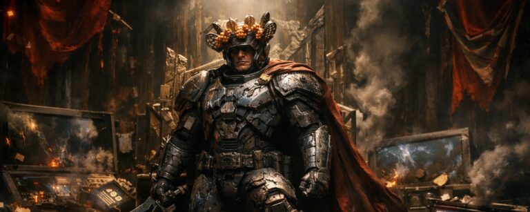 Düstere Fantasy-Thronsaal-Szene: Ein gepanzerter futuristischer Kriegsherr mit Himbeerkrone und rotem Umhang steht zwischen rauchenden Bildschirmen, Papieren, Trümmern und Miniatur-Hochhäusern wie der gekrönte Herrscher eines gescheiterten Science-Fiction-Reichs.