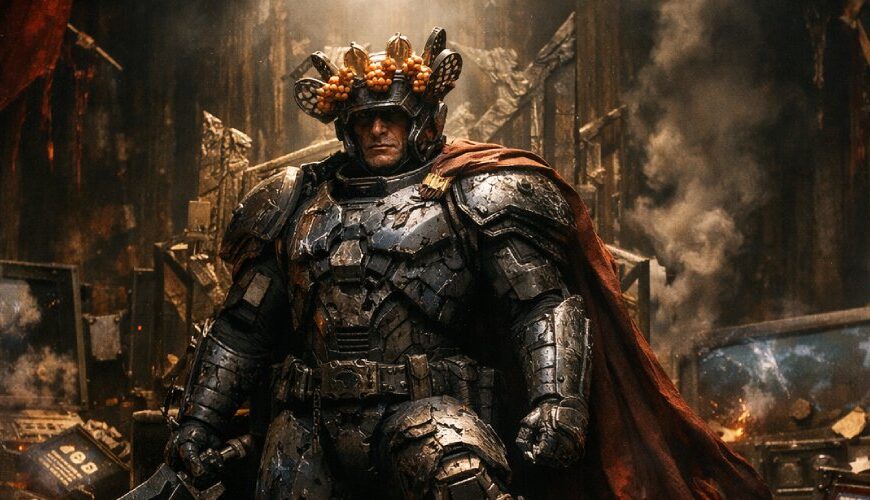 Düstere Fantasy-Thronsaal-Szene: Ein gepanzerter futuristischer Kriegsherr mit Himbeerkrone und rotem Umhang steht zwischen rauchenden Bildschirmen, Papieren, Trümmern und Miniatur-Hochhäusern wie der gekrönte Herrscher eines gescheiterten Science-Fiction-Reichs.