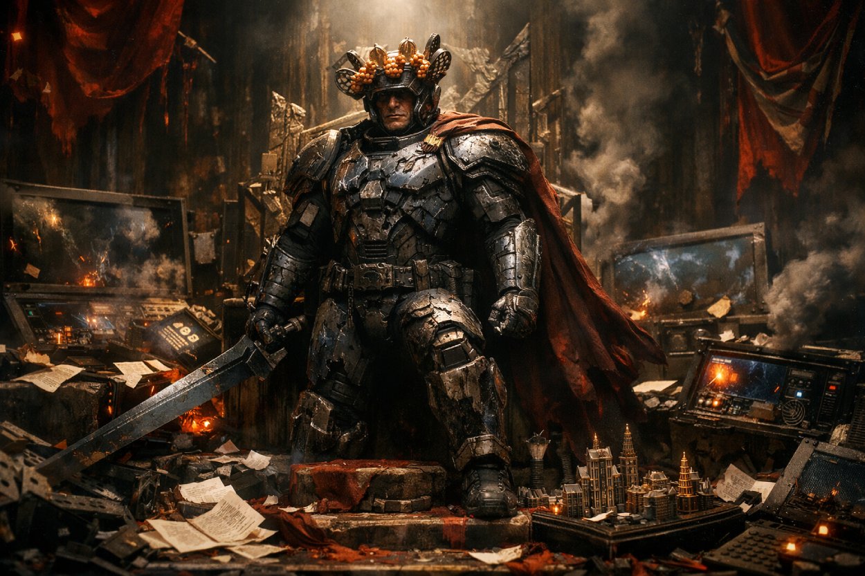 Düstere Fantasy-Thronsaal-Szene: Ein gepanzerter futuristischer Kriegsherr mit Himbeerkrone und rotem Umhang steht zwischen rauchenden Bildschirmen, Papieren, Trümmern und Miniatur-Hochhäusern wie der gekrönte Herrscher eines gescheiterten Science-Fiction-Reichs.