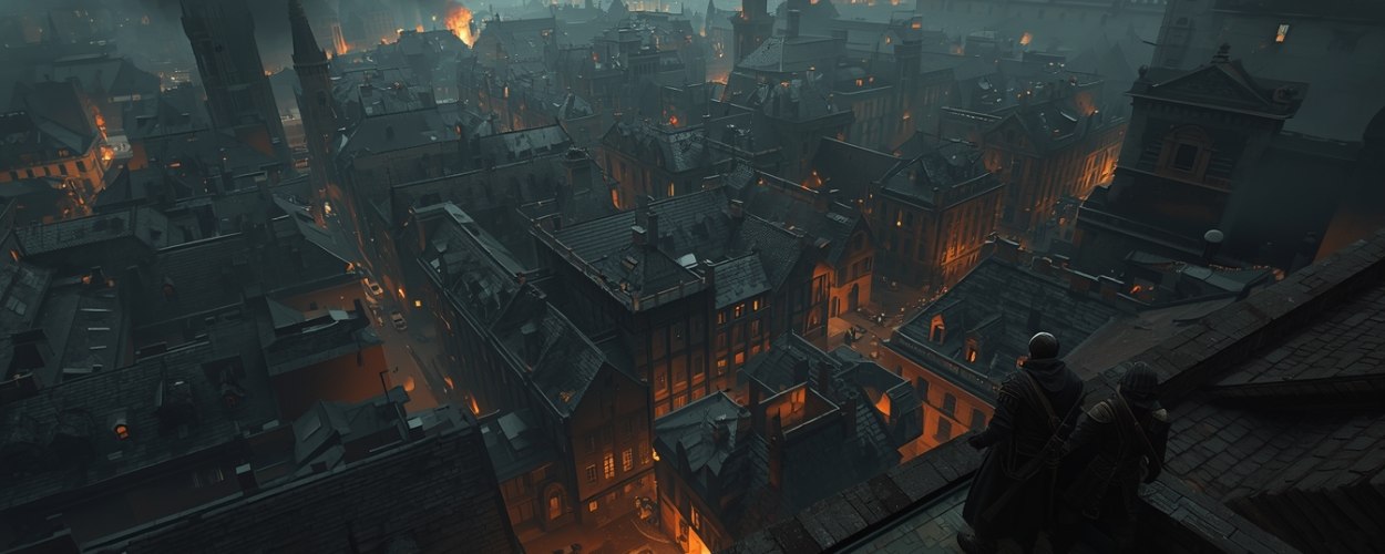 Wartales DLC zeigt die belagerte Hauptstadt Isandrin: dichte Dächer, Stadtmauer, Rauch und Unruhen im nächtlichen Straßenlicht.