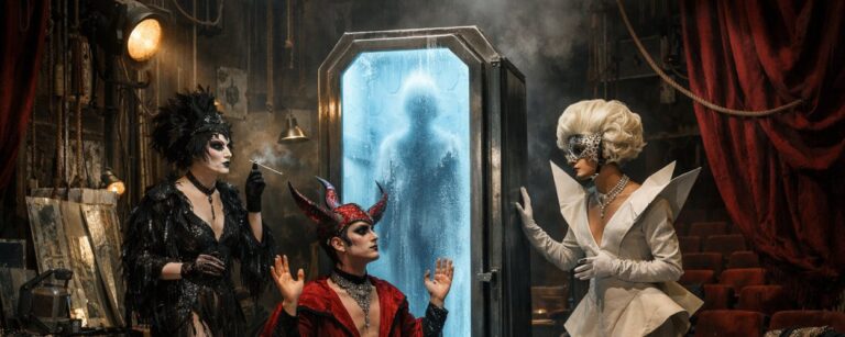 Drei exzentrische Bühnenfiguren stehen in einem chaotischen Theaterraum um einen eisblau leuchtenden Sarkophag, in dem die Silhouette einer Frau zu sehen ist.