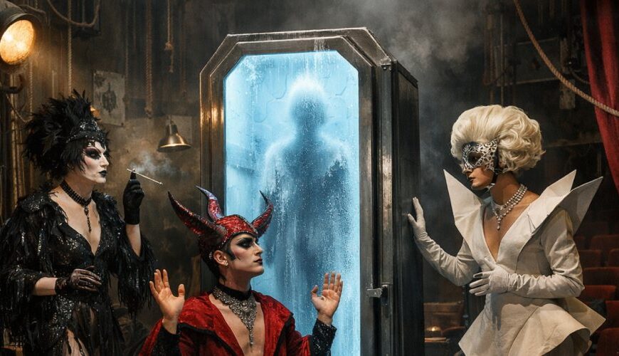 Drei exzentrische Bühnenfiguren stehen in einem chaotischen Theaterraum um einen eisblau leuchtenden Sarkophag, in dem die Silhouette einer Frau zu sehen ist.