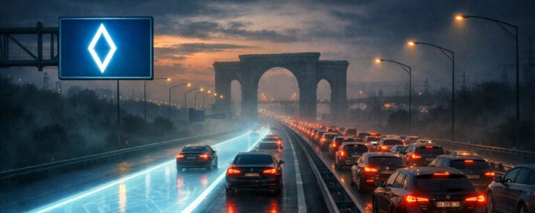 Cinematische Szene einer mehrspurigen Autobahn bei Dämmerung und Regen: Links leuchtet eine freie Fahrspur in kaltem Blau unter einem Verkehrsschild mit weißem Diamanten, während sich rechts dichter Stau mit roten Rücklichtern zieht. Auf der Fahrbahn sind geometrische, runenartige Muster zu sehen, im Hintergrund erhebt sich ein monumentales Tor wie ein Übergang in eine andere Wirklichkeit.