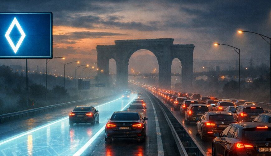 Cinematische Szene einer mehrspurigen Autobahn bei Dämmerung und Regen: Links leuchtet eine freie Fahrspur in kaltem Blau unter einem Verkehrsschild mit weißem Diamanten, während sich rechts dichter Stau mit roten Rücklichtern zieht. Auf der Fahrbahn sind geometrische, runenartige Muster zu sehen, im Hintergrund erhebt sich ein monumentales Tor wie ein Übergang in eine andere Wirklichkeit.