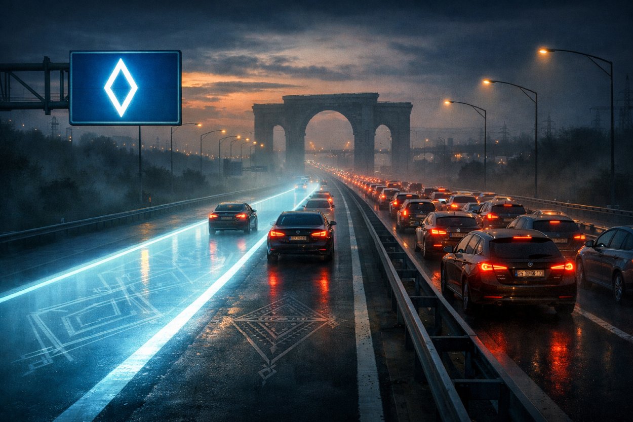 Cinematische Szene einer mehrspurigen Autobahn bei Dämmerung und Regen: Links leuchtet eine freie Fahrspur in kaltem Blau unter einem Verkehrsschild mit weißem Diamanten, während sich rechts dichter Stau mit roten Rücklichtern zieht. Auf der Fahrbahn sind geometrische, runenartige Muster zu sehen, im Hintergrund erhebt sich ein monumentales Tor wie ein Übergang in eine andere Wirklichkeit.