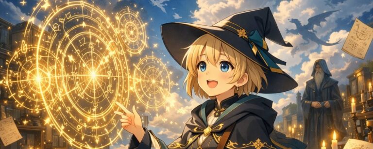 Animehafte Fantasy-Szene: Eine junge Hexenschülerin mit hellem Haar blickt staunend in den Himmel, während um sie magische Zeichen und eine geheimnisvolle Atelier-Stimmung entstehen.