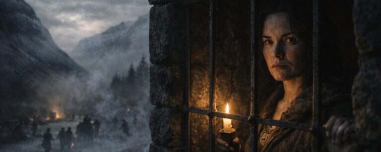 Eine junge Frau hinter den Eisenstäben einer steinernen Zelle blickt in die neblige Glencoe Landschaft von 1692 – Motiv zu Witch Light.