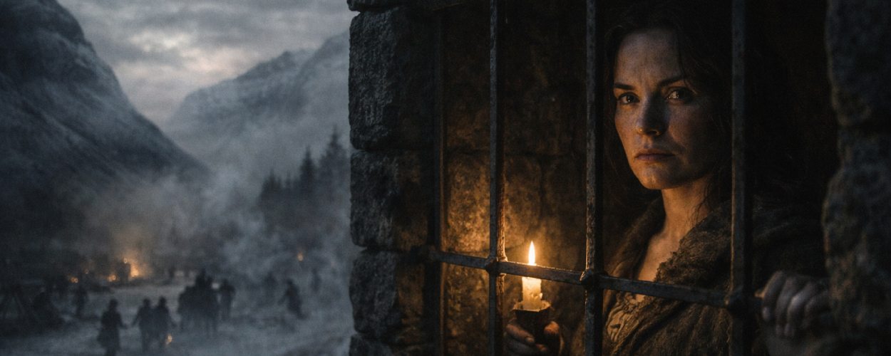 Eine junge Frau hinter den Eisenstäben einer steinernen Zelle blickt in die neblige Glencoe Landschaft von 1692 – Motiv zu Witch Light.