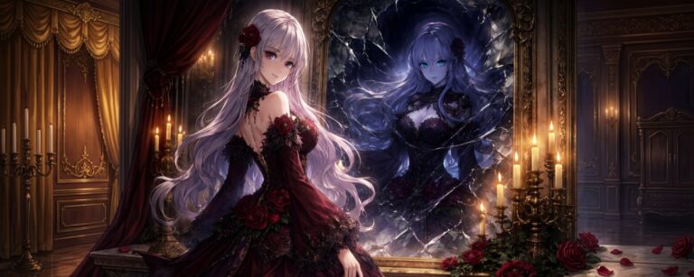 Within the Villainess zeigt eine adlige Schurkin vor einem zerbrochenen Spiegel, in dem ihr wahres rachsüchtiges Ich erwacht.