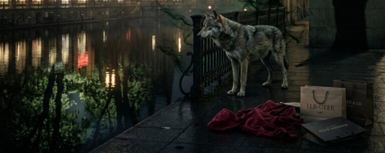 Wolf an einem nächtlichen Hamburger Ufer vor beleuchteten Häusern, daneben ein rotes Tuch und Einkaufstüten, während dunkle märchenhafte Schatten und grünliche Spiegelungen auf ein Leck zu den Zwischenreichen hindeuten.