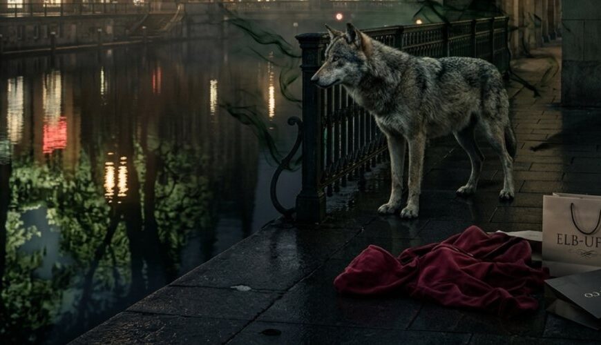 Wolf an einem nächtlichen Hamburger Ufer vor beleuchteten Häusern, daneben ein rotes Tuch und Einkaufstüten, während dunkle märchenhafte Schatten und grünliche Spiegelungen auf ein Leck zu den Zwischenreichen hindeuten.