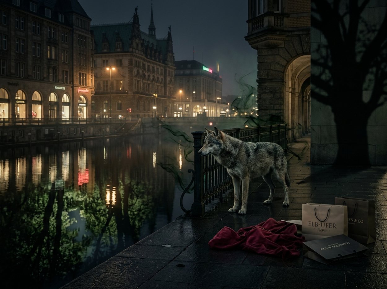 Wolf an einem nächtlichen Hamburger Ufer vor beleuchteten Häusern, daneben ein rotes Tuch und Einkaufstüten, während dunkle märchenhafte Schatten und grünliche Spiegelungen auf ein Leck zu den Zwischenreichen hindeuten.