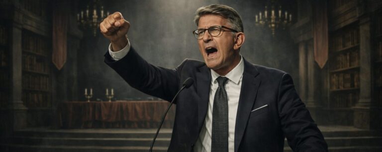 Düsterer Fantasysaal mit Rednerpult: Ein wütend gestikulierender Kulturfunktionär steht vor einem leeren Festsaal, auf dem Tisch liegen eine geschwärzte Akte, gestrichene Namen, Urkunden und ein abgelegter Lorbeerkranz.