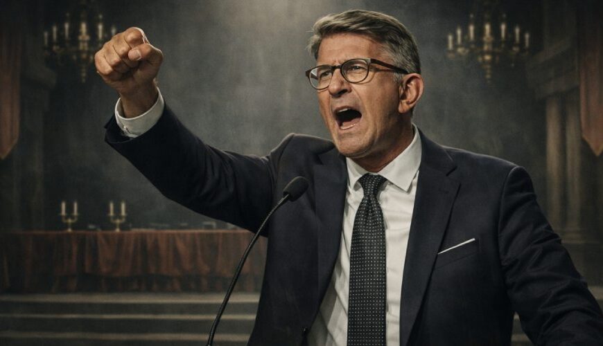 Düsterer Fantasysaal mit Rednerpult: Ein wütend gestikulierender Kulturfunktionär steht vor einem leeren Festsaal, auf dem Tisch liegen eine geschwärzte Akte, gestrichene Namen, Urkunden und ein abgelegter Lorbeerkranz.