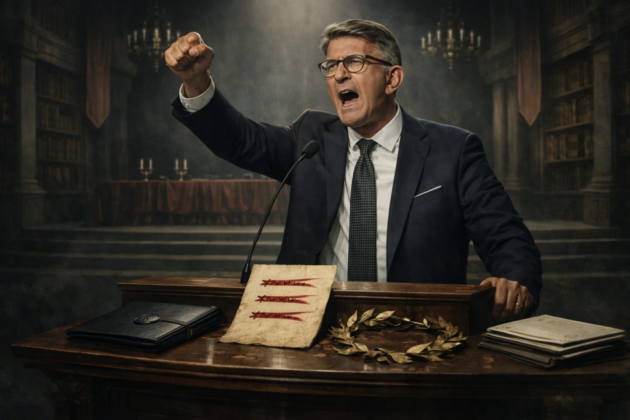 Düsterer Fantasysaal mit Rednerpult: Ein wütend gestikulierender Kulturfunktionär steht vor einem leeren Festsaal, auf dem Tisch liegen eine geschwärzte Akte, gestrichene Namen, Urkunden und ein abgelegter Lorbeerkranz.