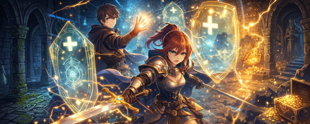 Key Visual zu The World’s Strongest Rearguard mit Support-Kämpfer und Schwertkämpferin in einem magischen Labyrinth.