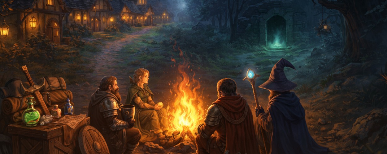 Vier Abenteurer sitzen am Lagerfeuer vor einem Dorf, während am Horizont ein Dungeon-Eingang im Nebel droht.