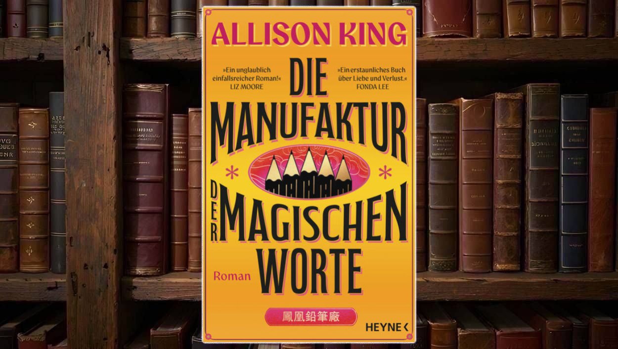 Leuchtend gelbes Cover mit großer schwarzer Retro-Typografie; in einer rosafarbenen ovalen Vignette ragen angespitzte Bleistifte wie eine kleine Skyline auf, dazu zarte Ornamente und ein warmes, fast plakatartiges Design.