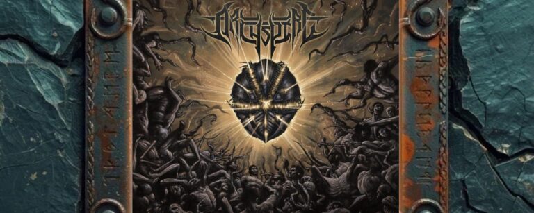 Albumcover Archspire – Too Fast to Die: strahlendes biomechanisches Emblem über einer chaotischen Masse aus verdrehten Körpern und schwarzen Ranken in Gold-Schwarz-Tönen.