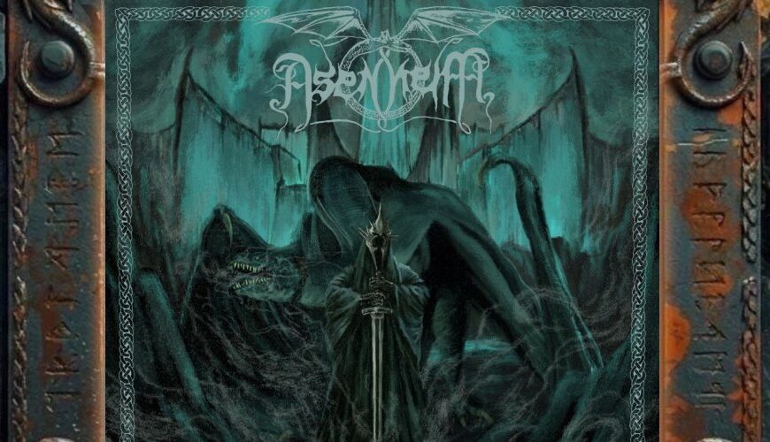 Albumcover Asenheim – Elbenblut: grünblaues Fantasy-Artwork mit keltischem Rahmen, gekröntem Krieger mit Schwert im Zentrum und riesigen drachenartigen Wesen in einer nebligen, sumpfigen Schattenlandschaft.