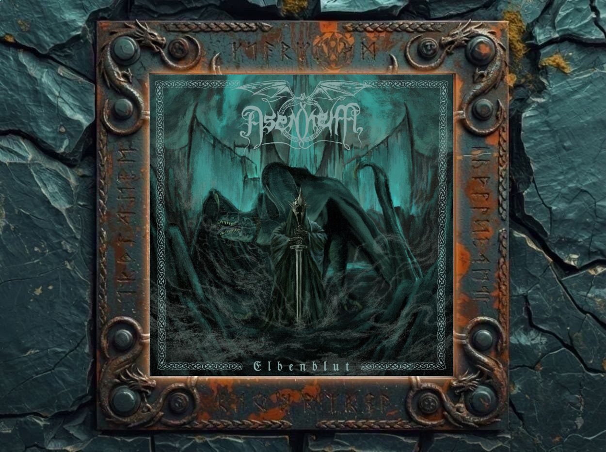 Albumcover Asenheim – Elbenblut: grünblaues Fantasy-Artwork mit keltischem Rahmen, gekröntem Krieger mit Schwert im Zentrum und riesigen drachenartigen Wesen in einer nebligen, sumpfigen Schattenlandschaft.