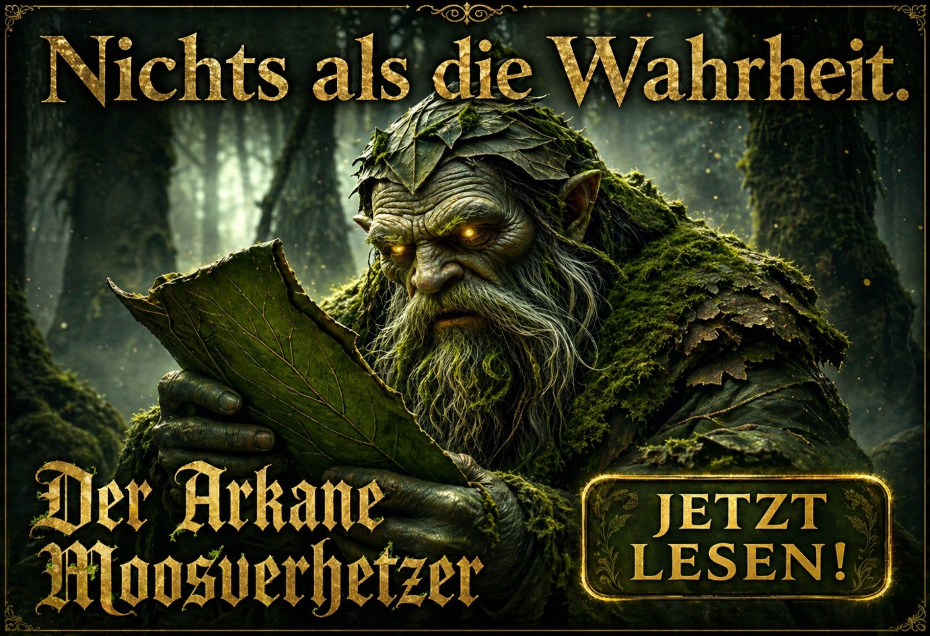 Fantasy-Satire-Banner: Ein Moosling mit glühenden Augen liest wütend in einem grünen Blattbuch. Darüber der Schriftzug ‚Nichts als die Wahrheit‘, unten der Titel ‚Der Arkane Moosverhetzer‘ und ein Button mit ‚Jetzt lesen!‘