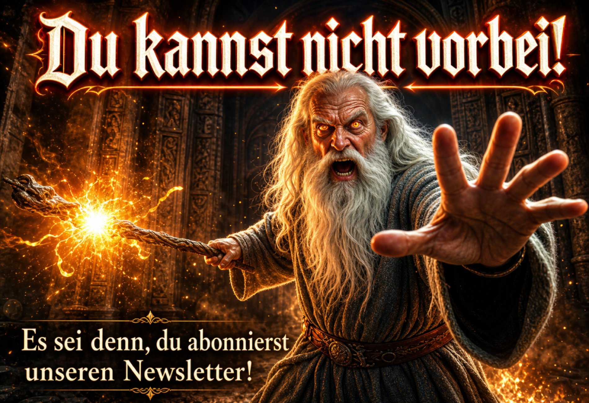 Episches Fantasy-Banner im Stil von Gandalf: Ein weißbärtiger Zauberer blockiert mit erhobenem Stab den Weg und ruft ‚Du kannst nicht vorbei!‘. Darunter der Zusatz: ‚Es sei denn, du abonnierst unseren Newsletter!‘. Rechts unten ein glühender, magischer Button mit der Aufschrift: ‚Lass mich rein, du Narr!