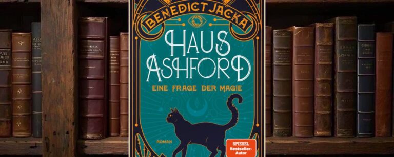 Türkis-orangefarbenes Cover im Art-déco-Stil mit ornamentiertem Rahmen, großem schwarzen Katzen-Schatten im unteren Bereich und heller Typografie vor einem leuchtenden magischen Hintergrund.