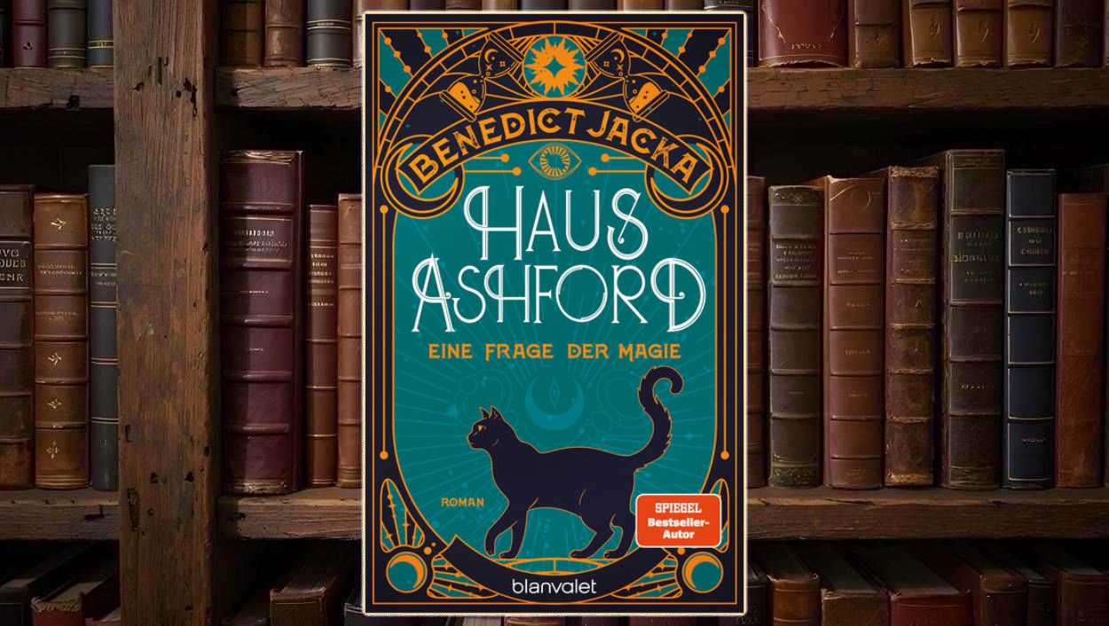 Türkis-orangefarbenes Cover im Art-déco-Stil mit ornamentiertem Rahmen, großem schwarzen Katzen-Schatten im unteren Bereich und heller Typografie vor einem leuchtenden magischen Hintergrund.