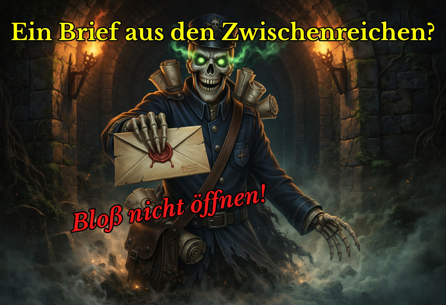 Untoter Briefträger reicht dem Betrachter einen versiegelten Brief entgegen, umgeben von Nebel und Fackeln – Fantasy-Werbebanner für die Rubrik „Briefe aus dem Zwischenreich“ auf fantasykosmos.de.