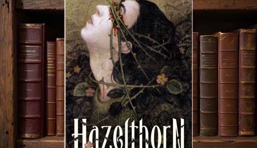 Düsteres Cover von Hazelthorn mit dem bleichen Profil einer jungen Frau, deren Gesicht und Auge von dornigen Ranken überwuchert werden. Im Hintergrund liegen dunkle Blätter, kleine rosa Blüten und eine verwitterte, sepiafarbene Struktur; die weiße Titeltypografie wirkt kantig und gotisch.