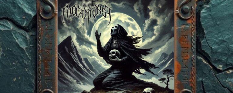 Albumcover von Cnoc an Tursa – A Cry for the Slain: Eine schwarz verhüllte Gestalt kniet in einer kargen Berglandschaft unter einem riesigen Vollmond, den Mund zur Klage geöffnet und einen Schädel in den Armen haltend; weitere Schädel liegen im Vordergrund, dunkle Wolken und schroffe Gipfel rahmen die Szene.