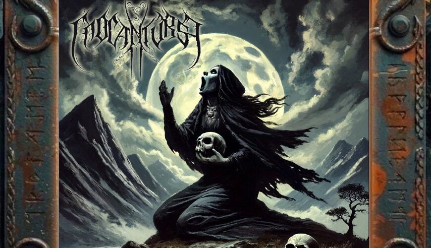 Albumcover von Cnoc an Tursa – A Cry for the Slain: Eine schwarz verhüllte Gestalt kniet in einer kargen Berglandschaft unter einem riesigen Vollmond, den Mund zur Klage geöffnet und einen Schädel in den Armen haltend; weitere Schädel liegen im Vordergrund, dunkle Wolken und schroffe Gipfel rahmen die Szene.