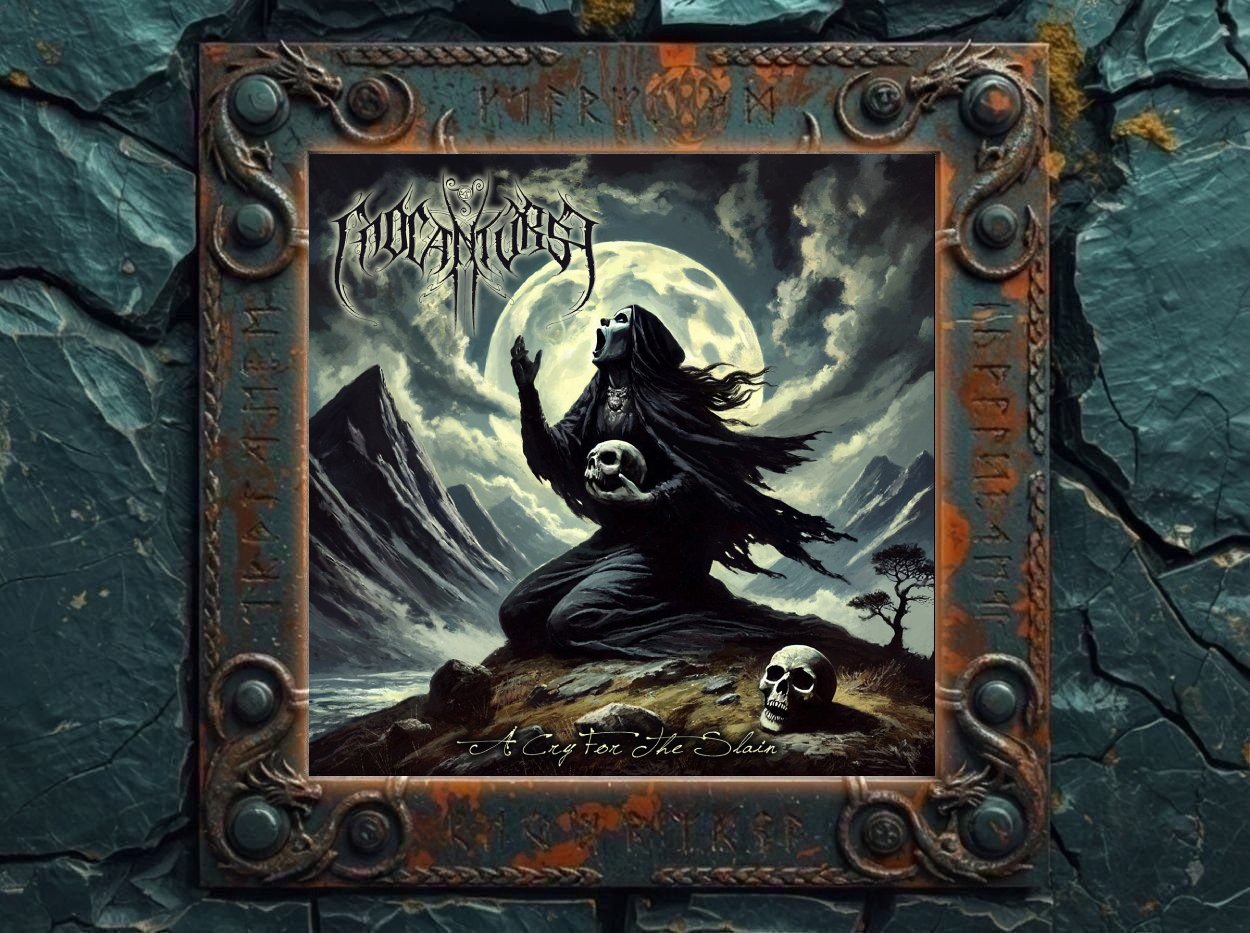 Albumcover von Cnoc an Tursa – A Cry for the Slain: Eine schwarz verhüllte Gestalt kniet in einer kargen Berglandschaft unter einem riesigen Vollmond, den Mund zur Klage geöffnet und einen Schädel in den Armen haltend; weitere Schädel liegen im Vordergrund, dunkle Wolken und schroffe Gipfel rahmen die Szene.