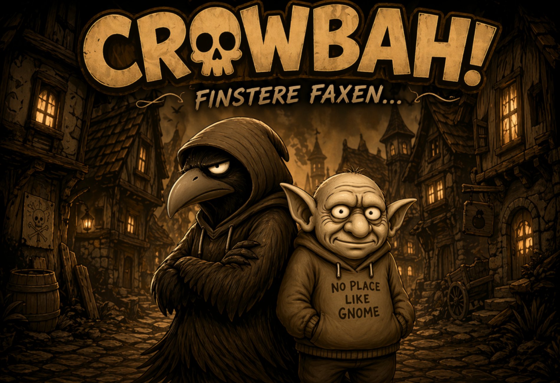 Sepia-Banner: Verfallenes Haus im Hintergrund, vorne Grabhold und Crowbah mit Koffer. Links die Überschrift „Crowbah & Grabhold: Finstere Faxen!“, rechts ein gerolltes Ribbon mit „JETZT LESEN!“.