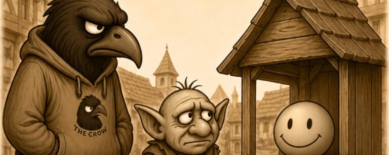 In beiden sepiafarbenen Panels stehen Crowbah, eine entsetzt blickende humanoide Krähe im Hoodie, und Grabhold, ein kleiner trollartiger Begleiter, vor einer einfachen Orakelbude in einer mittelalterlichen Stadt. In der Bude sitzt ein lächelndes Smiley-Orakel.