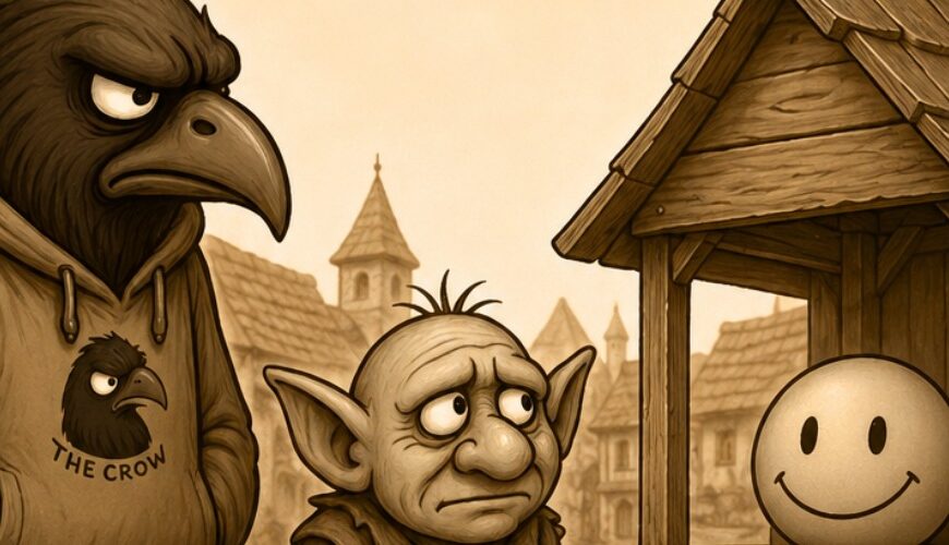 In beiden sepiafarbenen Panels stehen Crowbah, eine entsetzt blickende humanoide Krähe im Hoodie, und Grabhold, ein kleiner trollartiger Begleiter, vor einer einfachen Orakelbude in einer mittelalterlichen Stadt. In der Bude sitzt ein lächelndes Smiley-Orakel.