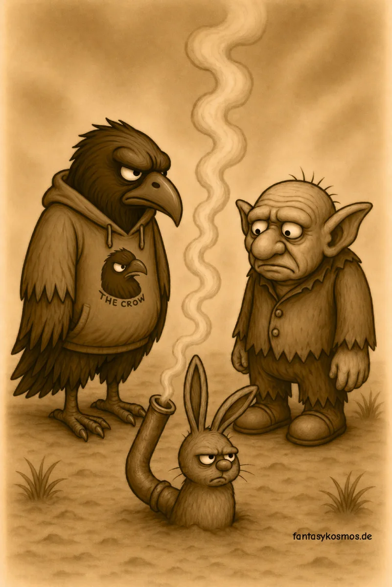 Cartoonhafte Illustration von Crowbah, der finsteren Krähenfigur, und seinem missmutigen Sidekick Grabhold. Im Hintergrund ragt das Skelett eines riesigen Drachen aus dem Nebel – gespenstisch und grotesk zugleich.
