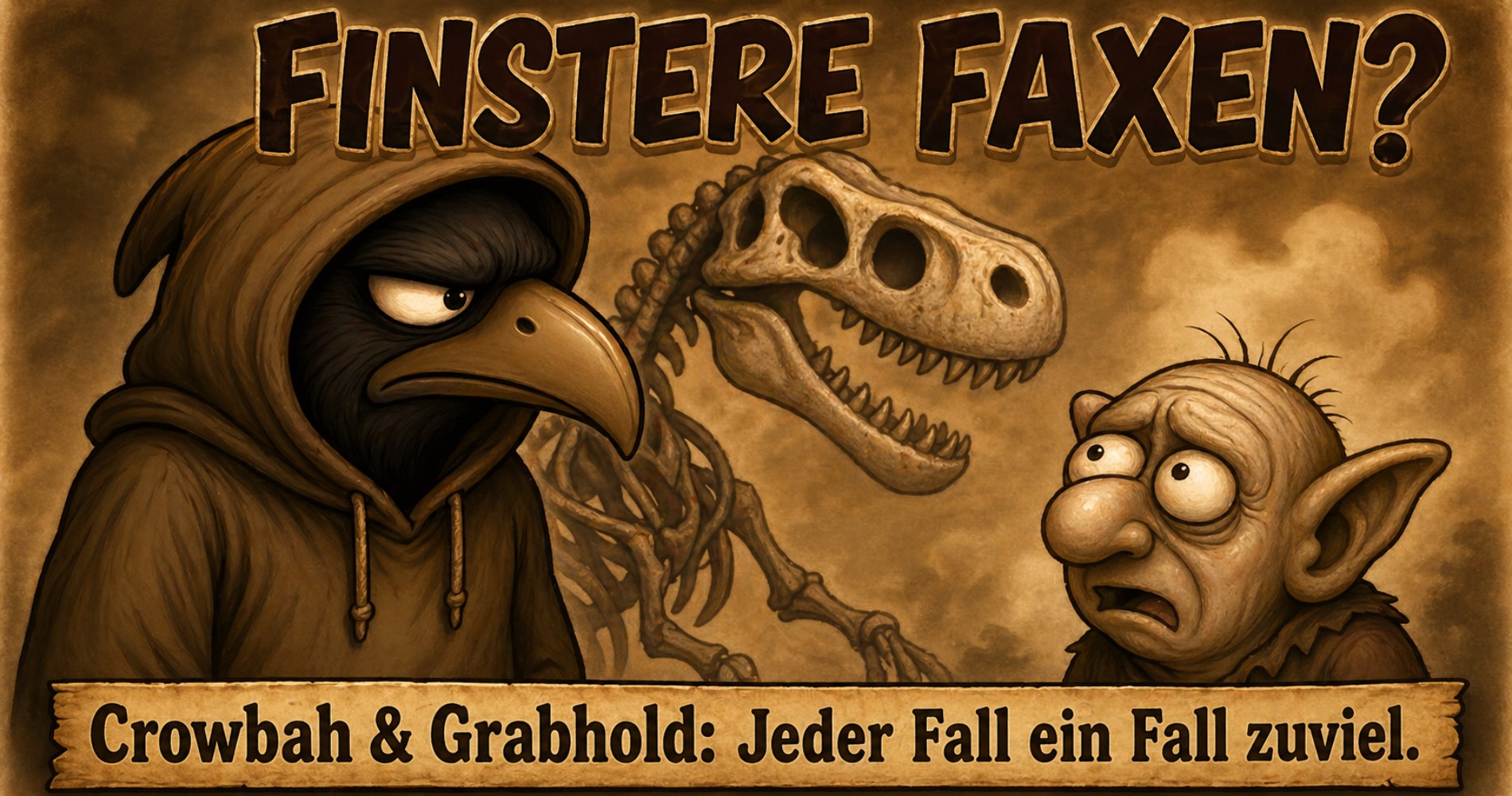Cartoonhafte Szene mit Krähenfigur in Kapuze, Skelett-Dino und erstauntem Goblin im sepiafarbenen Stil.