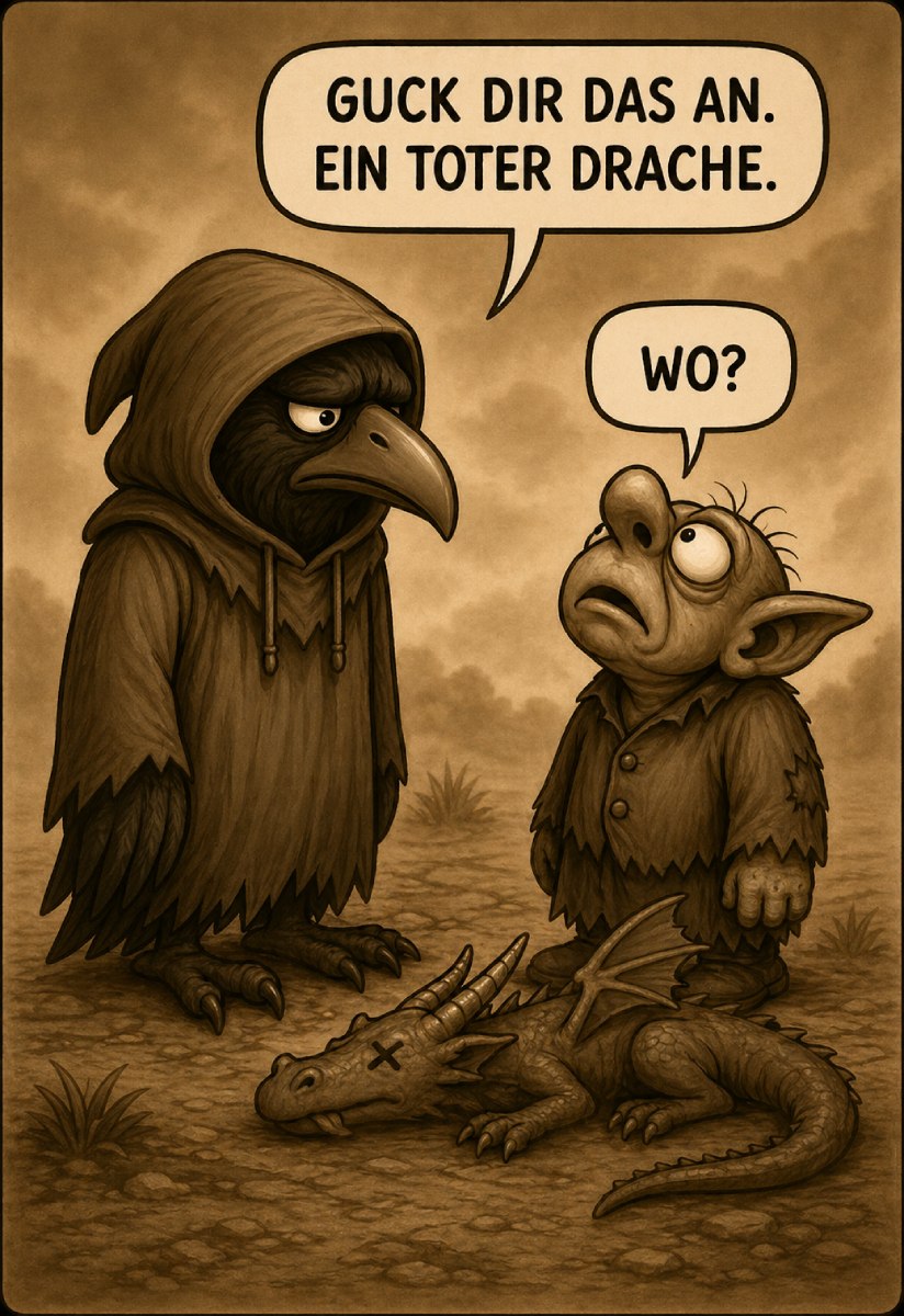 Crowbah, Grabhold und ein toter Drache auf einem Hochkantbanner. 