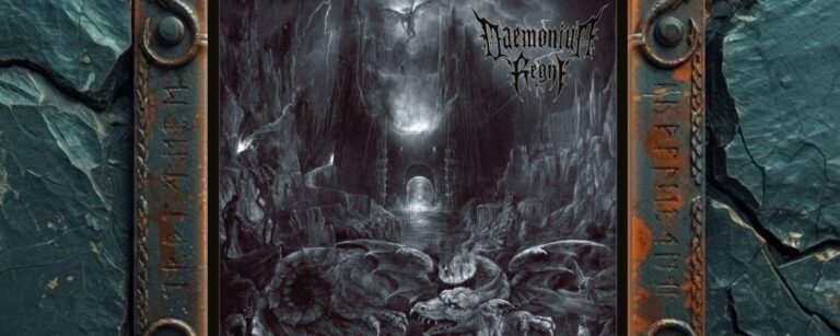 Albumcover Daemonium Regni – Daemonium Regni: grauschwarze Unterweltlandschaft mit Felstürmen, finsterem Tor, Wasser und einem großen drachenartigen Dämon im Vordergrund, darüber Blitze und unheilvolle Nebelstimmung.