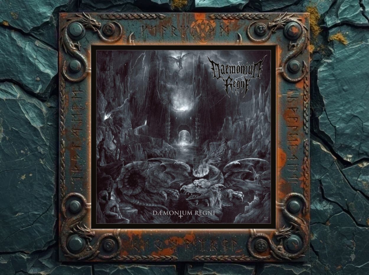 Albumcover Daemonium Regni – Daemonium Regni: grauschwarze Unterweltlandschaft mit Felstürmen, finsterem Tor, Wasser und einem großen drachenartigen Dämon im Vordergrund, darüber Blitze und unheilvolle Nebelstimmung.