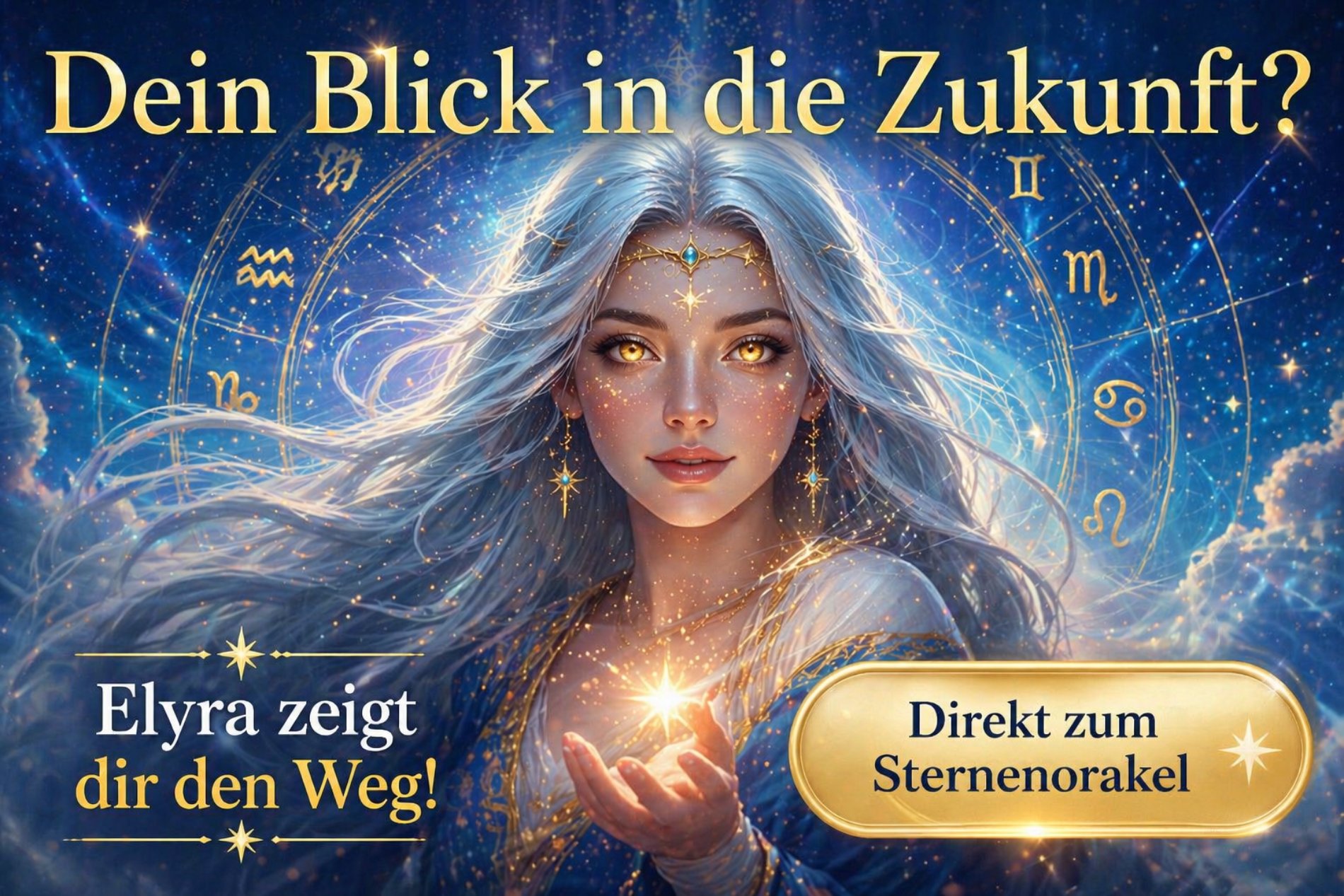 Mystisches Banner mit Elyra, der Sternengöttin: Ihr leuchtendes Gesicht vor einem funkelnden Sternenhimmel, goldener Schriftzug ‚Dein Blick in die Zukunft?‘ und ein glänzender goldener Button ‚Direkt zum Sternenorakel‘.