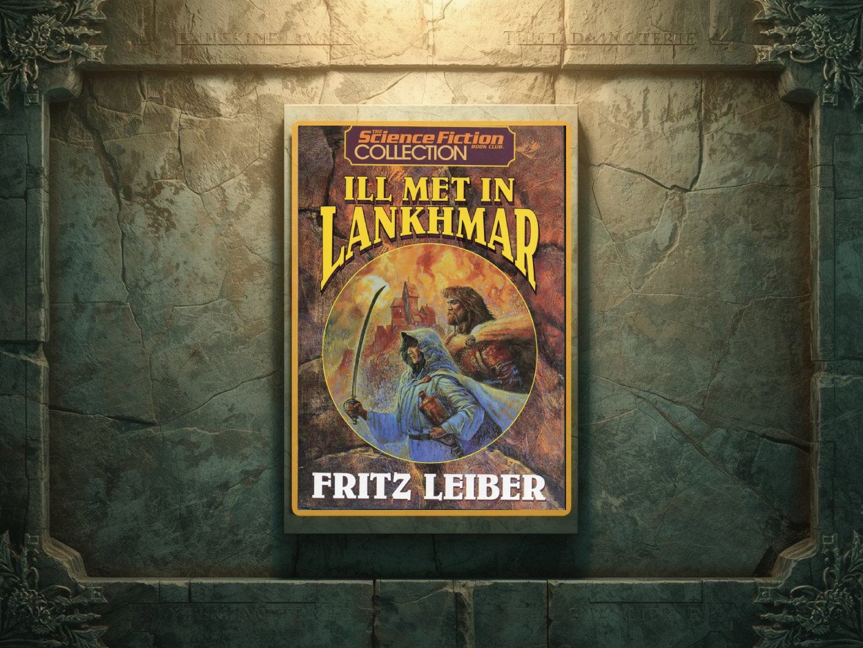 Cover von „Ill Met in Lankhmar“ von Fritz Leiber mit Fafhrd und dem Grauen Mausling vor einer brennend leuchtenden Stadt im Hintergrund.